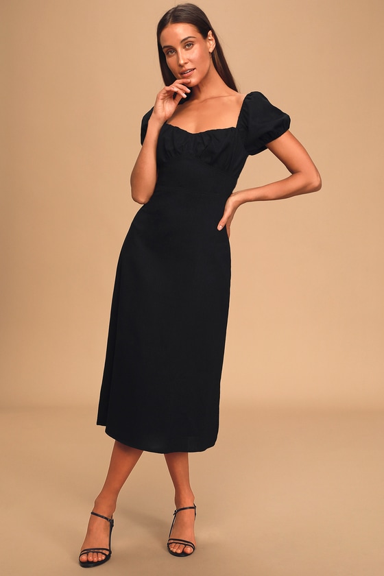 Cute Black Midi Dress - Puff Sleeve ...